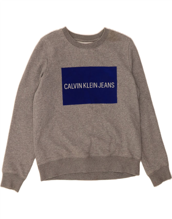 CALVIN KLEIN JEANS Womens Graphic Sweatshirt Jumper UK 14 Medium Grey Vintage Calvin Klein Jeans and Second-Hand Calvin Klein Jeans from Messina Hembry 