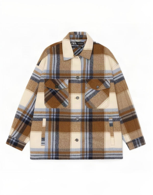 Zara Womens Oversized Overshirt Flannel Shirt UK 10 Small Brown Plaid