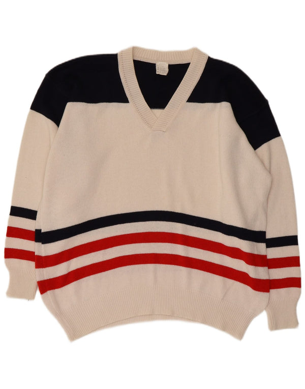 Винтажный мужской джемпер с v-образным вырезом, белый хлопковый свитер XL с цветными блоками