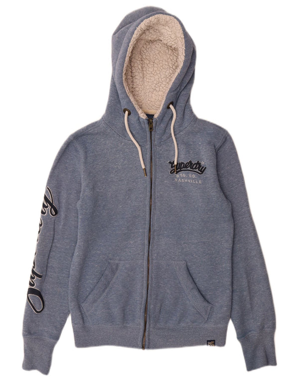 Женский свитер с капюшоном на молнии с графическим рисунком Superdry, Великобритания, 8, маленький синий хлопок с крапинками