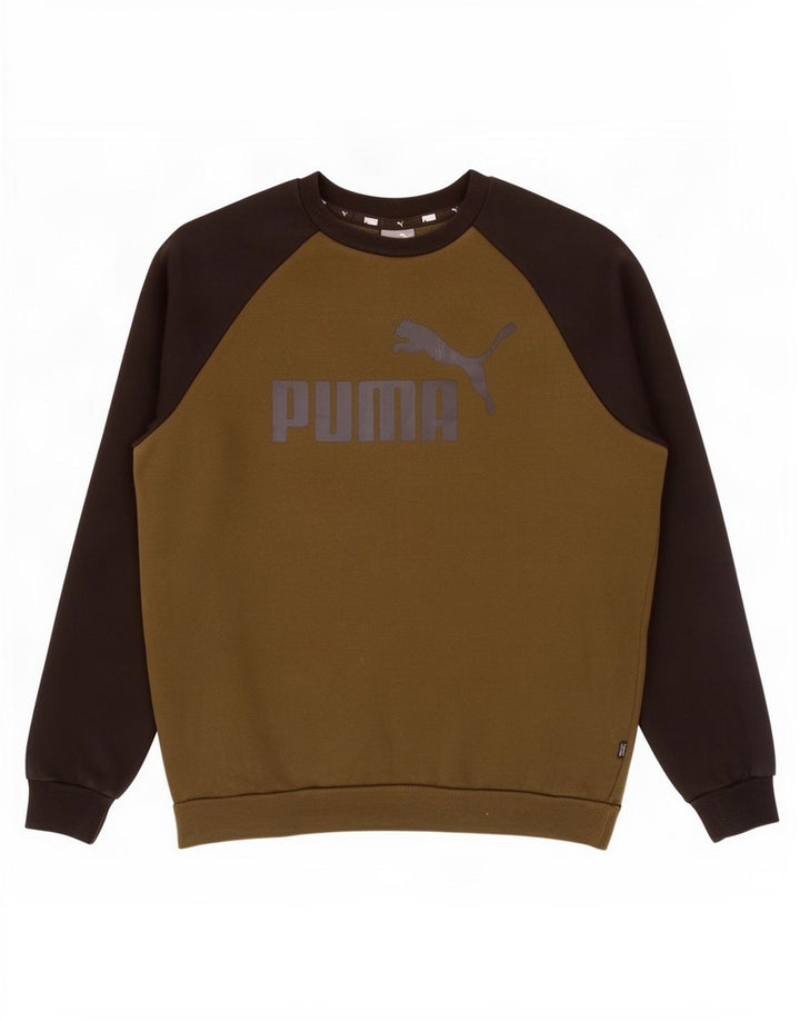 Мужской свитшот с графическим рисунком Puma, хлопковый джемпер среднего цвета хаки с цветными блоками