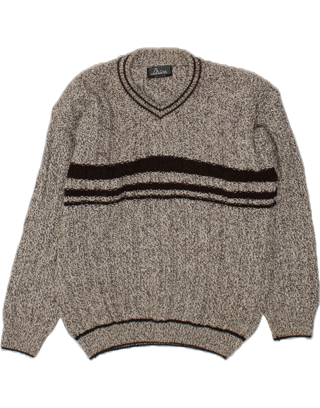 VINTAGE Mens V-Neck Jumper Sweater Medium Grey Striped Acrylic Vintage Vintage and Second-Hand Vintage from Messina Hembry 