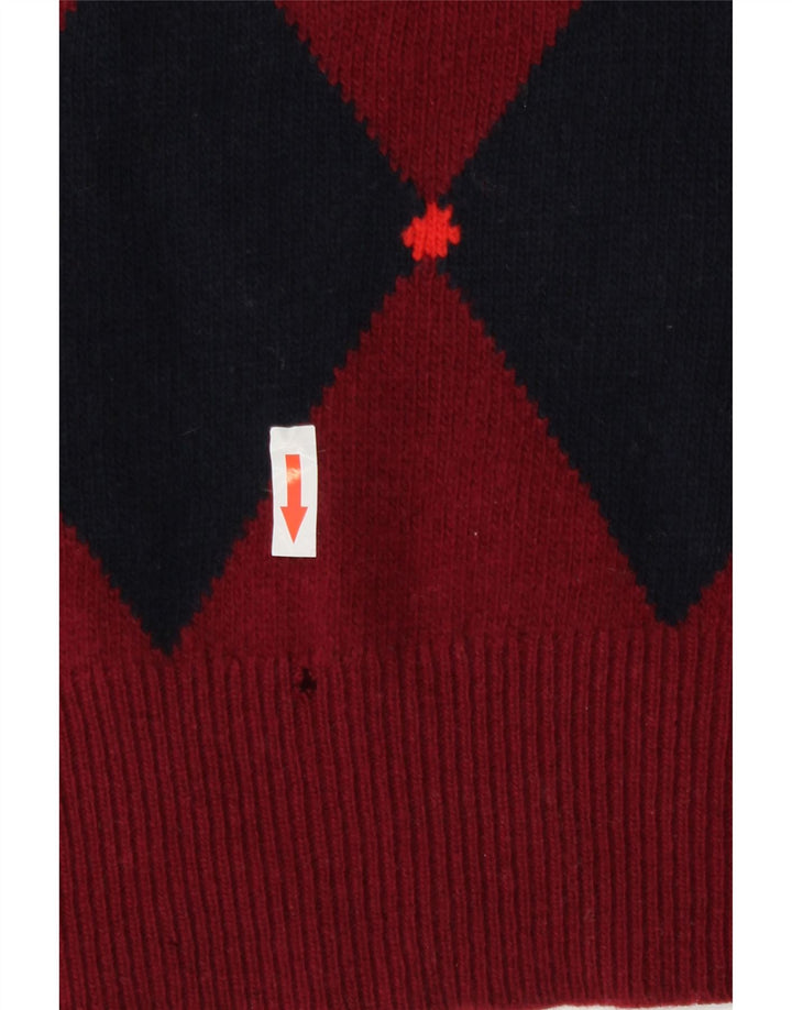 Винтажный мужской джемпер с v-образным вырезом, свитер среднего бордового цвета с узором аргайл/ромб из овечьей шерсти