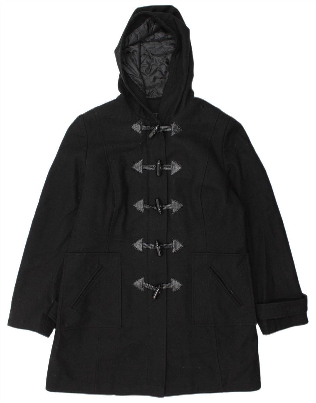 Винтажный женский дафлкот с капюшоном UK 14, большой черный шерстяной