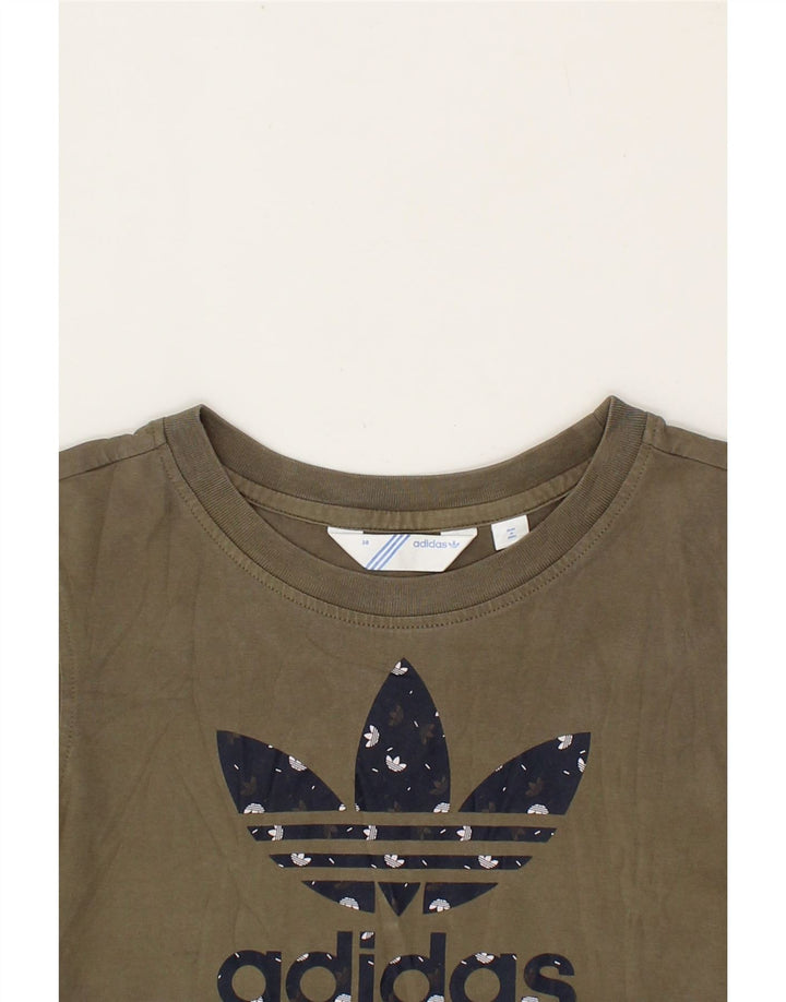 ADIDAS Womens Graphic T-Shirt Top EU 38 Medium Khaki Cotton Vintage Adidas and Second-Hand Adidas from Messina Hembry 