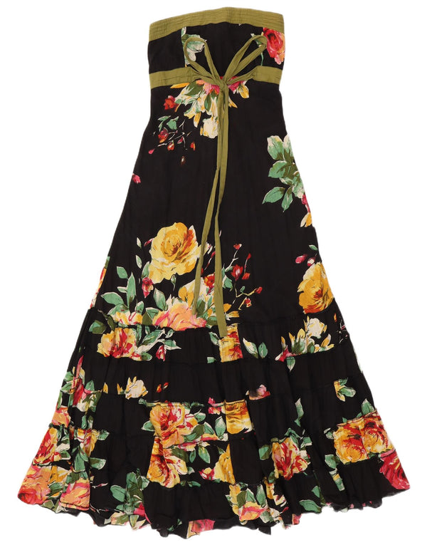 ВИНТАЖНОЕ женское платье макси без бретелек UK 14, средний черный цветочный хлопок