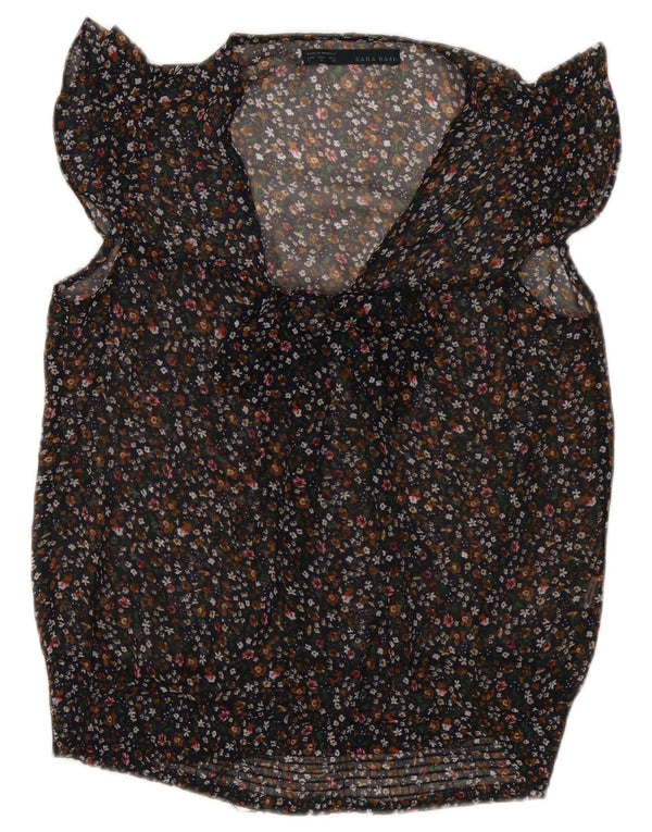 ZARA Womens Bow Tie Sleeveless See Through Top UK 10 Small Black Floral