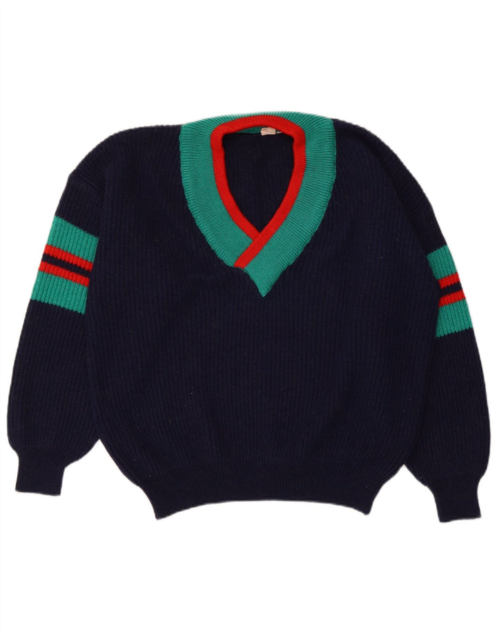 ВИНТАЖНЫЙ женский укороченный джемпер с v-образным вырезом IT 48/50 XL Темно-синий в полоску