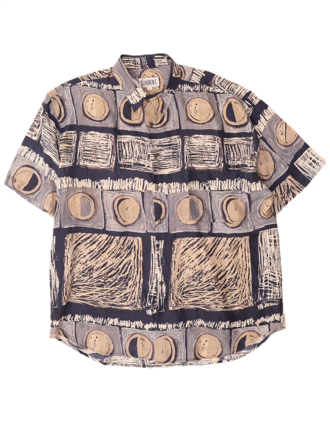 LAURENT Мужская рубашка с коротким рукавом, большая, темно-синяя, шелковая с геометрическим рисунком