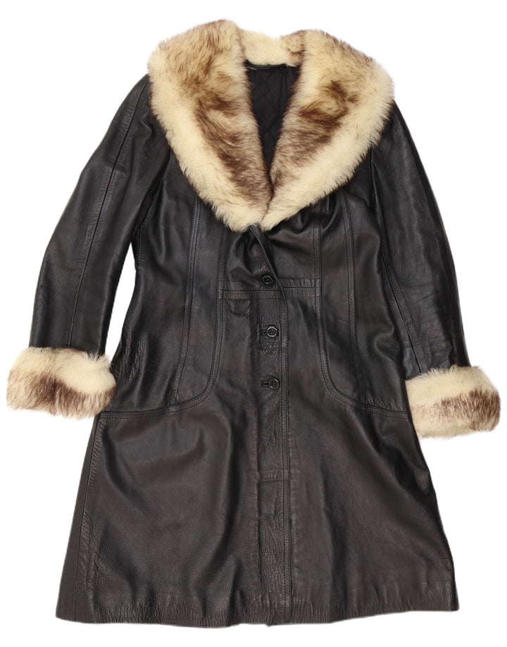 ВИНТАЖНОЕ Женское Кожаное Пальто UK 12 Среднее Черное