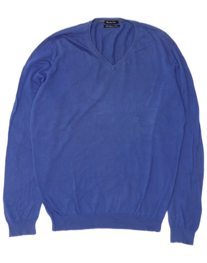 Мужской джемпер с v-образным вырезом Massimo Dutti, средний синий хлопок, хлопковый