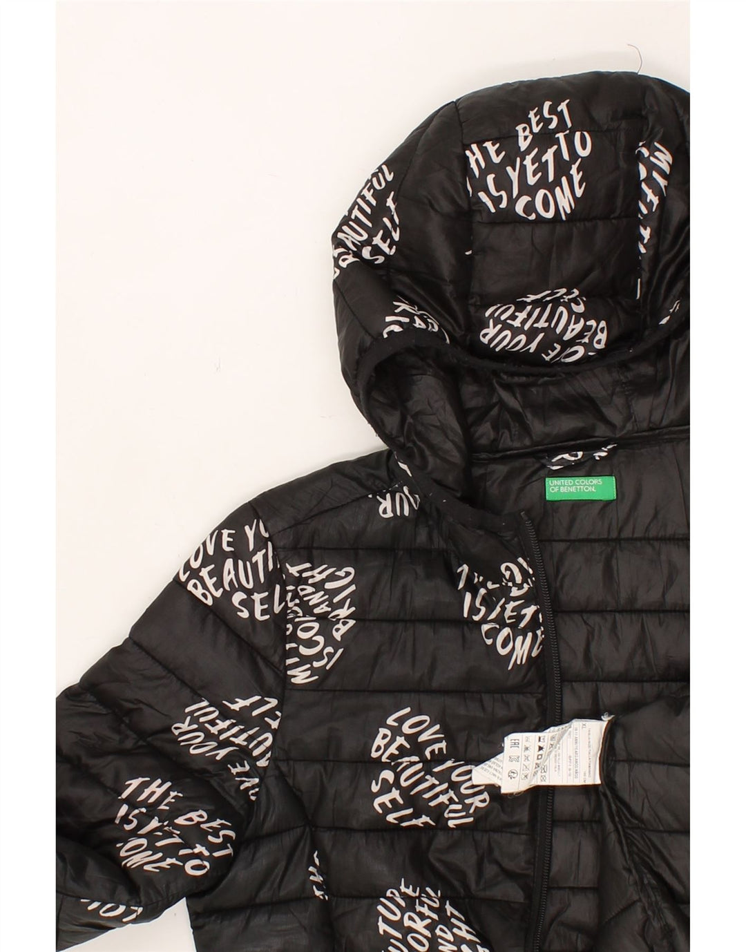 BENETTON Boys Graphic Hooded Padded Jacket 10-11 Years XL Black Polyester Vintage Benetton and Second-Hand Benetton from Messina Hembry 