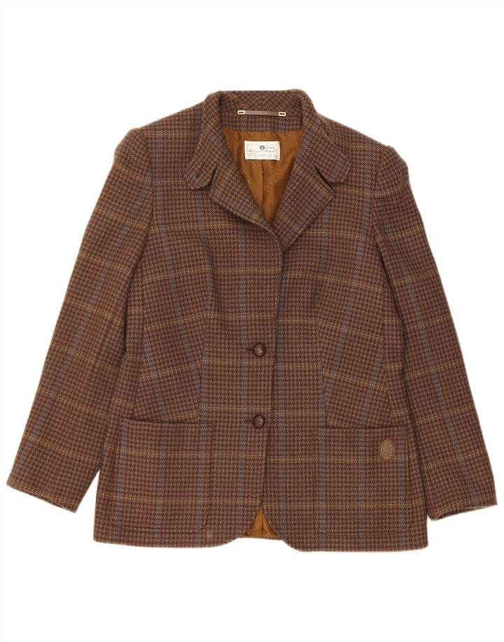 Винтажный женский пиджак на 2 пуговицах, Великобритания, 10, маленькая коричневая шерстяная клетка в клетку