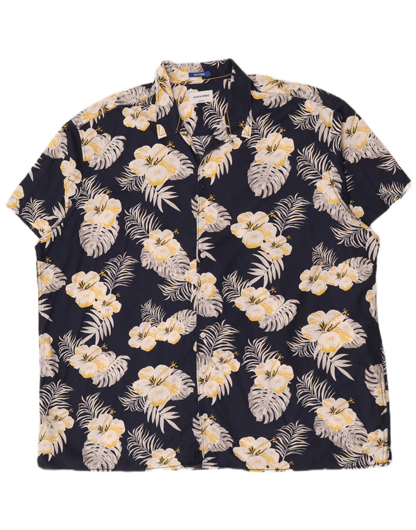 Мужская рубашка Jack & Jones с коротким рукавом 3XL, темно-синяя, хлопковая с цветочным принтом