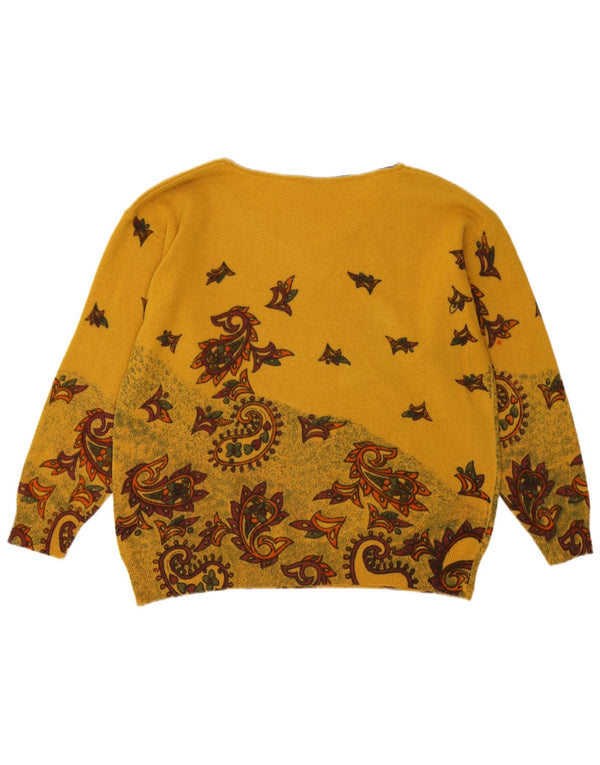 Vintage Womens V-Neck Jumper Sweater UK 16 Large Yellow Paisley