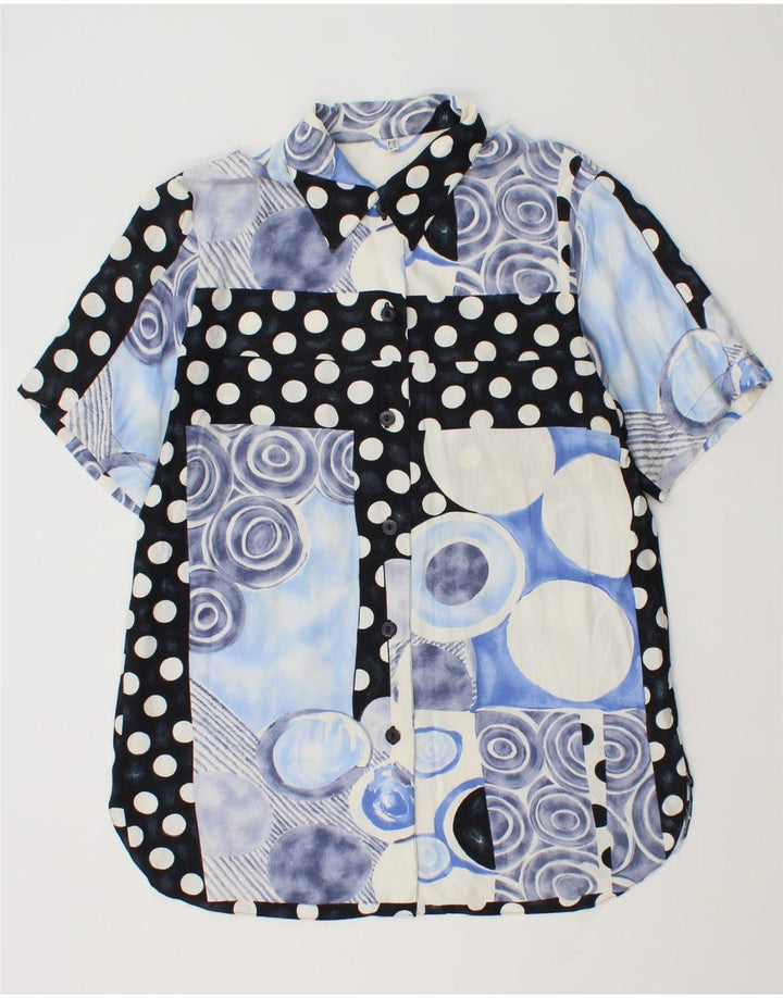 Винтажная женская блузка-рубашка с коротким рукавом UK 14, большая синяя лоскутная вискоза