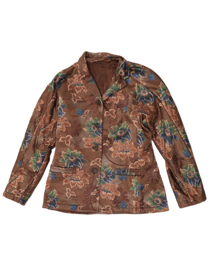 Винтажный женский пиджак на 4 пуговицах, Великобритания 14, средний коричневый цвет с цветочным принтом
