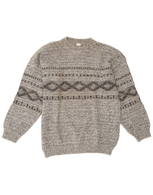 Винтажный мужской джемпер с круглым вырезом, большой серый свитер с геометрическим узором