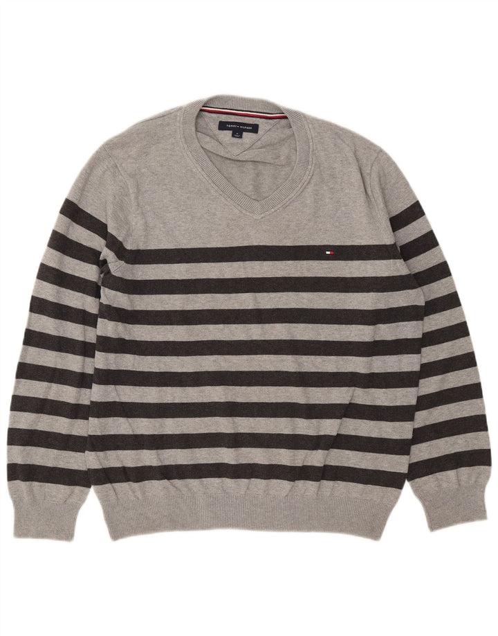 Tommy Hilfiger Мужской джемпер с v-образным вырезом, хлопковый свитер среднего серого цвета в полоску