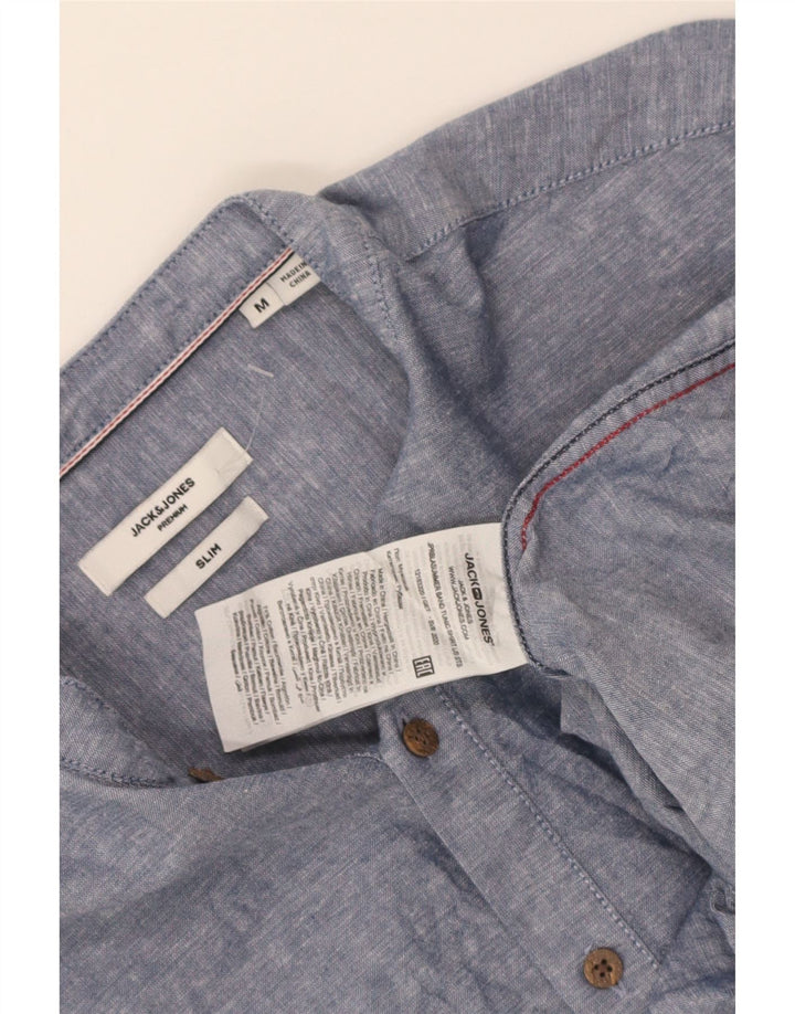 Мужской пуловер приталенного кроя Jack & Jones, хлопковая рубашка среднего синего цвета с крапинками