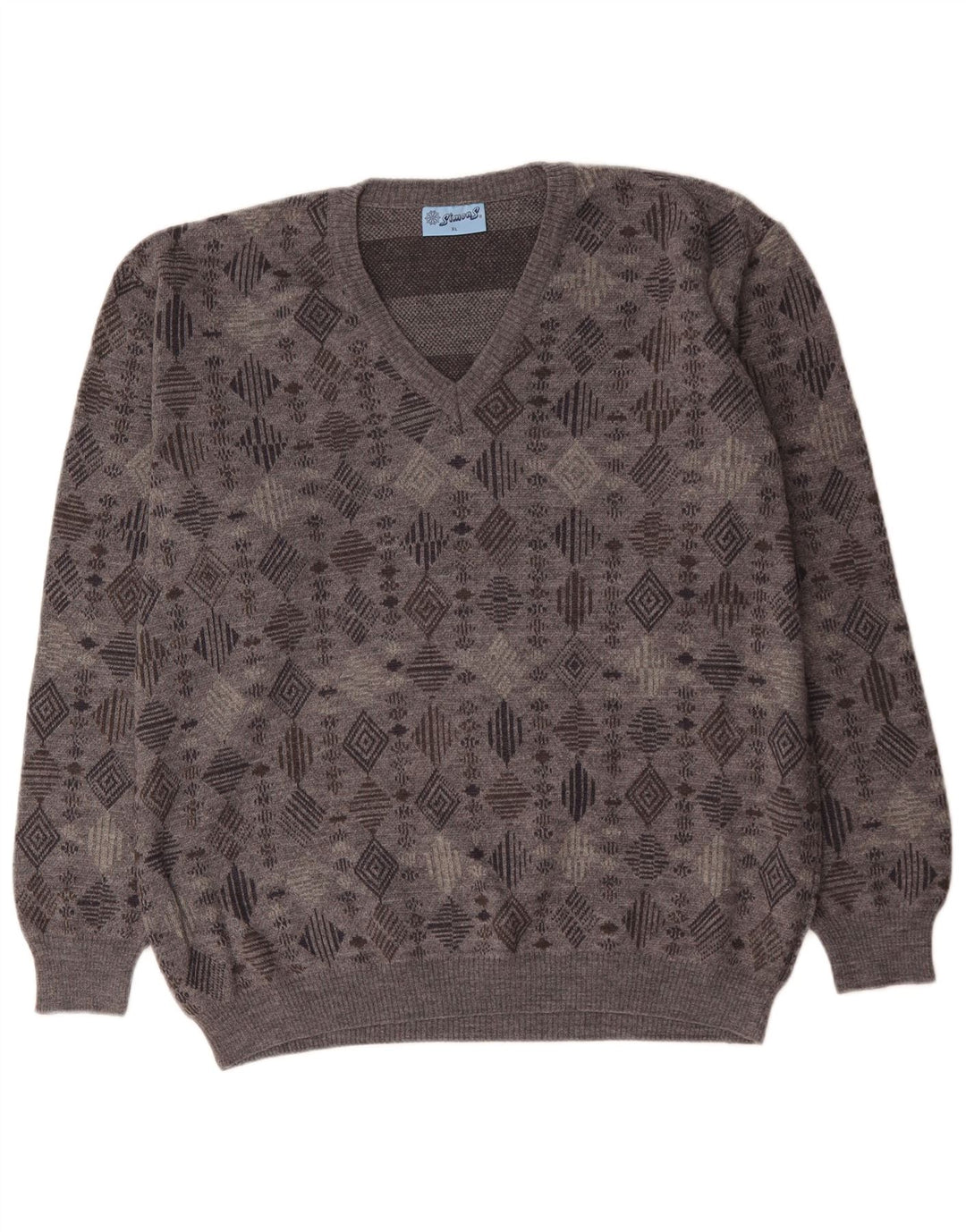 VINTAGE Мужской джемпер с v-образным вырезом XL, серый с геометрическим узором