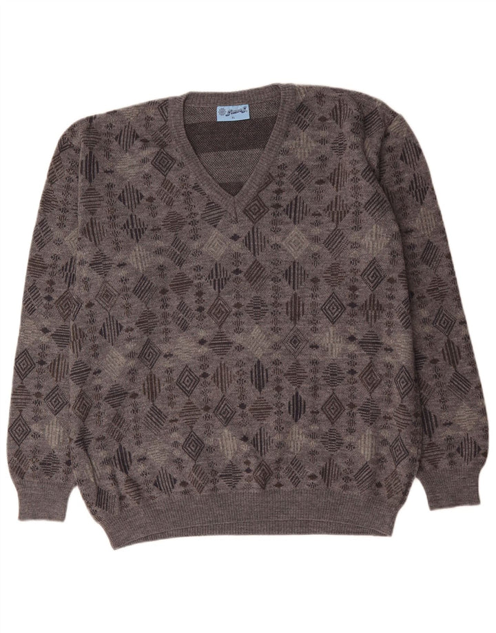 VINTAGE Мужской джемпер с v-образным вырезом XL, серый с геометрическим узором