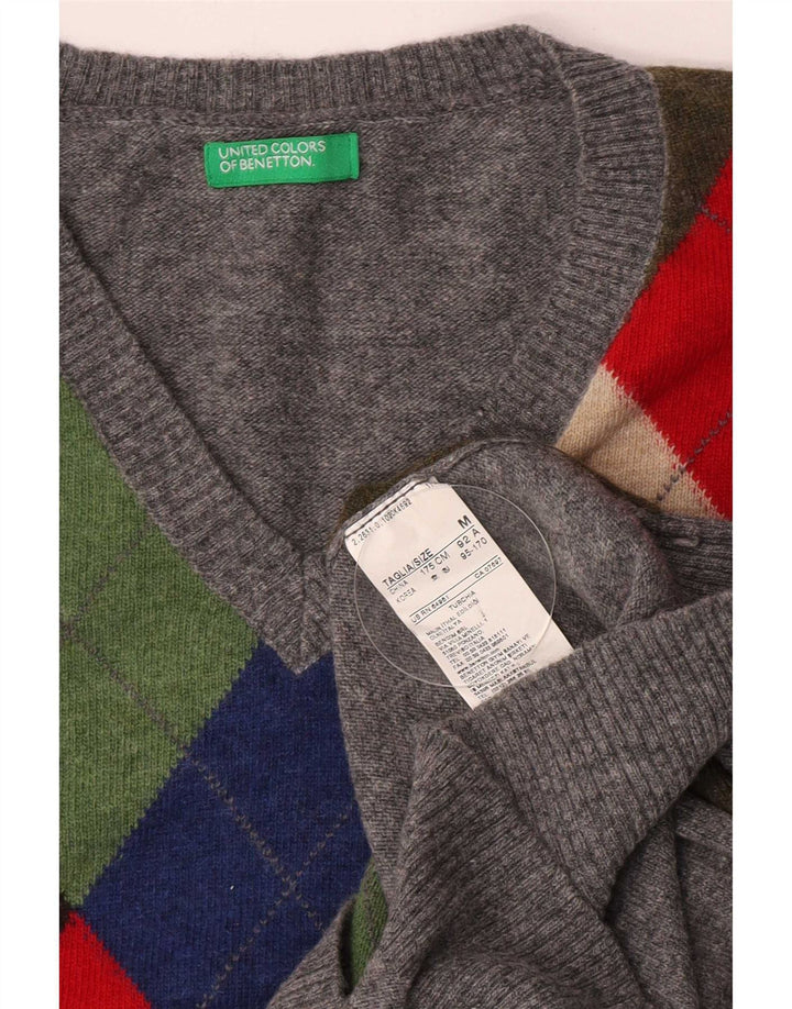 Мужской джемпер Benetton с v-образным вырезом, средний серый цвет с узором аргайл/ромб, шерсть