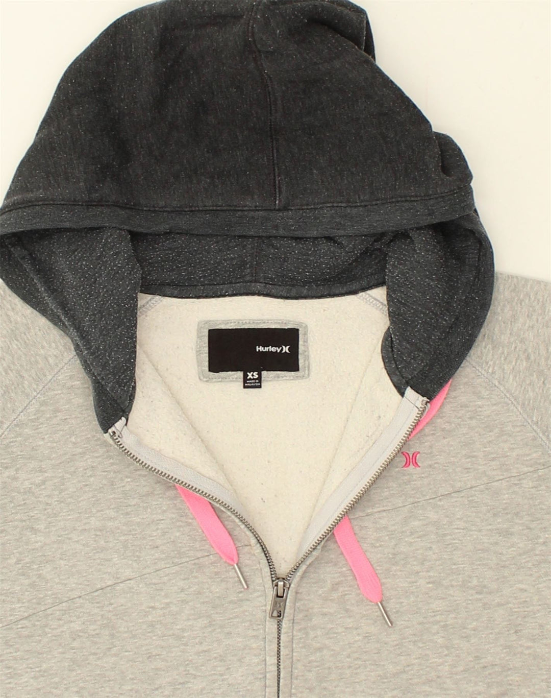 HURLEY Womens Loose Fit Zip Hoodie Sweater UK 6 XS Grey Colourblock Cotton | Vintage Hurley | Thrift | Second-Hand Hurley | Used Clothing | Messina Hembry 
