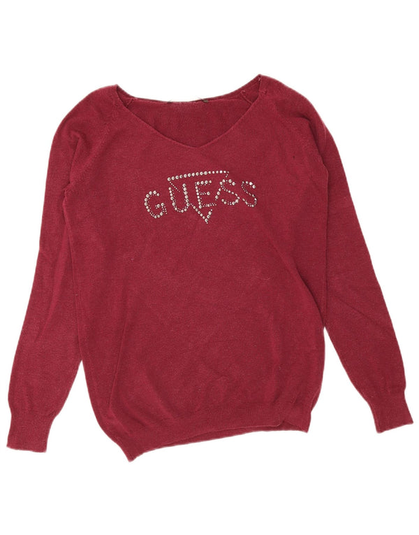 Женский джемпер Guess с V-образным вырезом и рисунком, Великобритания, 10, маленький бордовый модал
