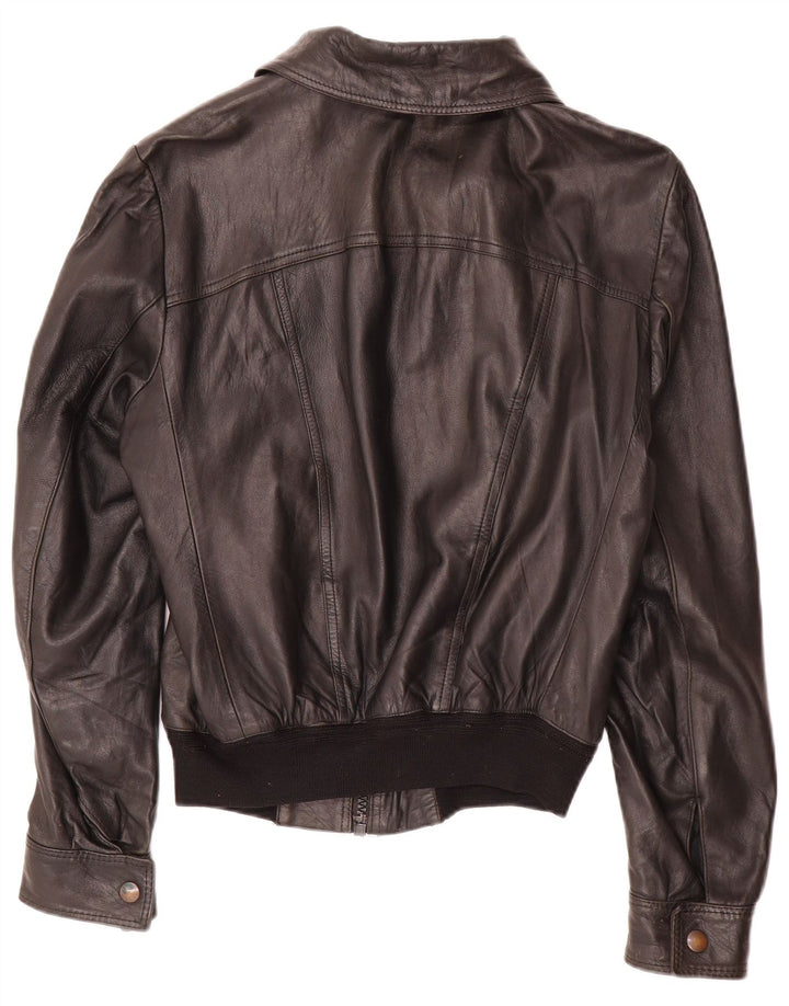 Винтажная женская кожаная куртка UK 14, черная кожа среднего размера