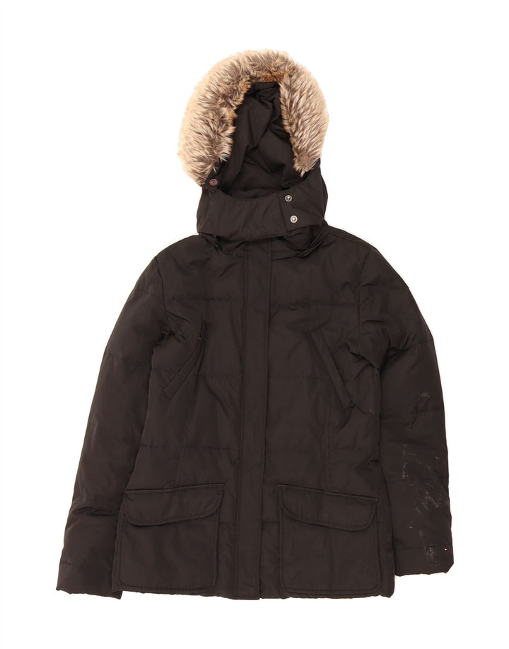 TOMMY HILFIGER Womens Hooded Padded Jacket UK 12 Medium Black Polyester Vintage Tommy Hilfiger and Second-Hand Tommy Hilfiger from Messina Hembry 