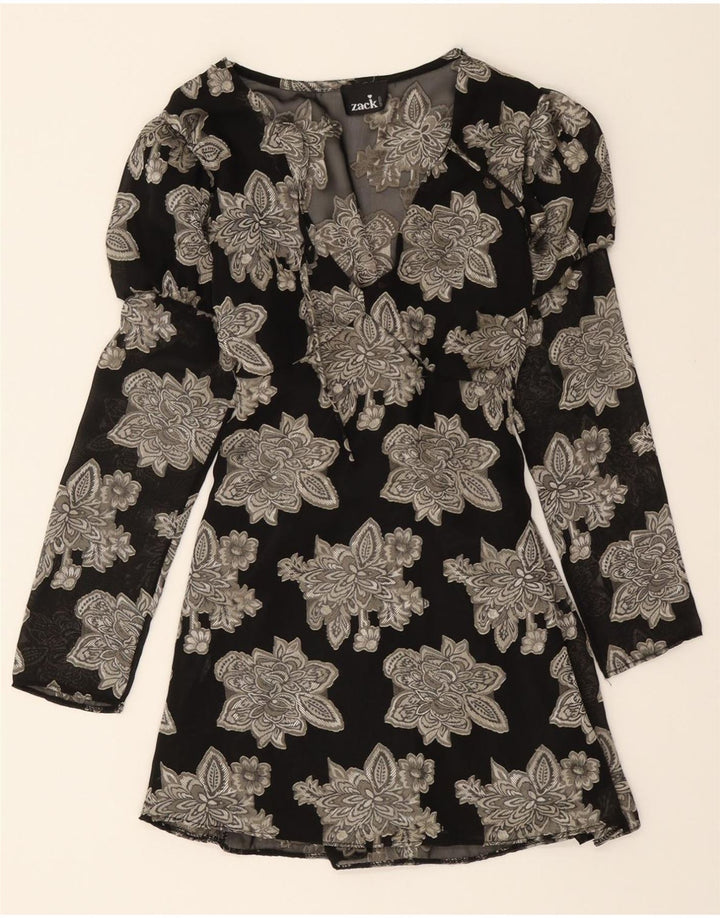 VINTAGE Womens Long Sleeve Basic Dress UK 12 Medium Black Floral Vintage Vintage and Second-Hand Vintage from Messina Hembry 