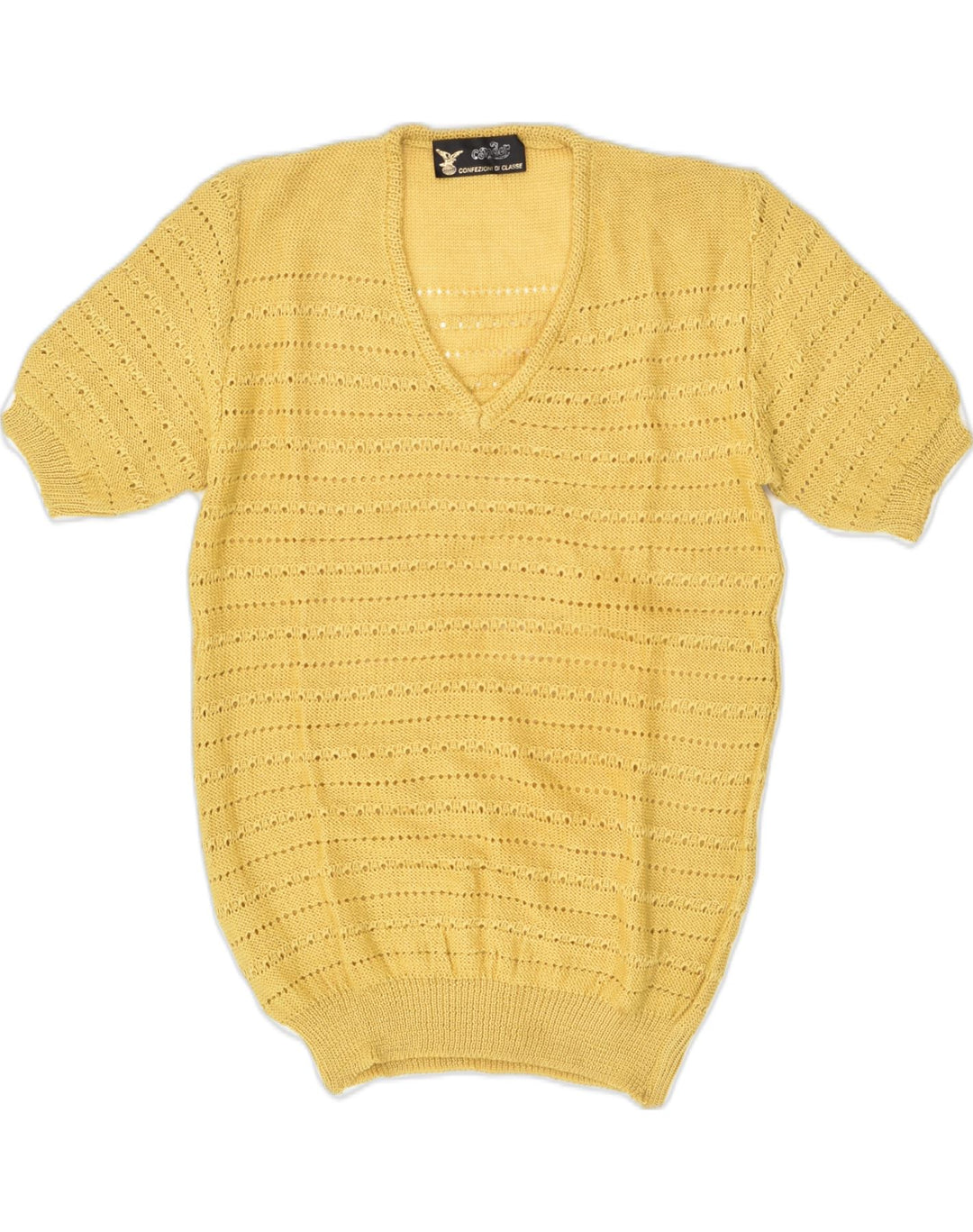VINTAGE Womens Short Sleeve V-Neck Jumper Sweater UK 12 Medium Yellow | Vintage Vintage | Thrift | Second-Hand Vintage | Used Clothing | Messina Hembry 