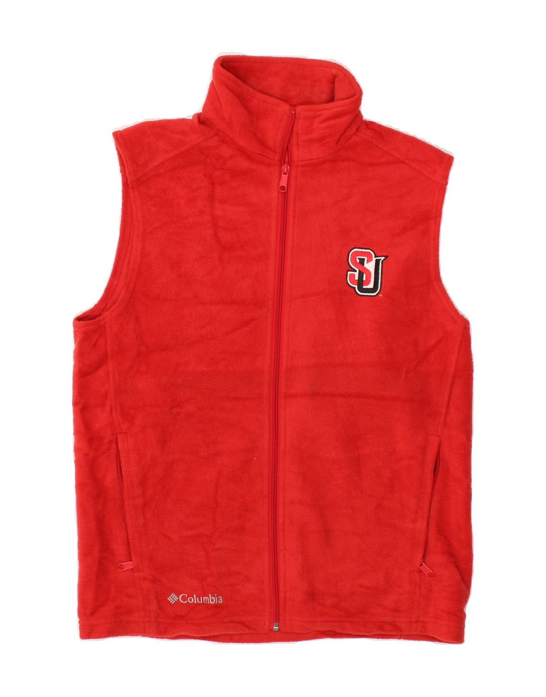 COLUMBIA Mens Graphic Fleece Gilet UK 36 Small Red Polyester Vintage Columbia and Second-Hand Columbia from Messina Hembry 