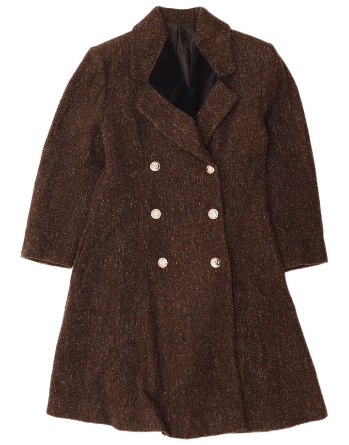 ВИНТАЖНОЕ женское двубортное пальто UK 12, шерсть среднего коричневого цвета с крапинками