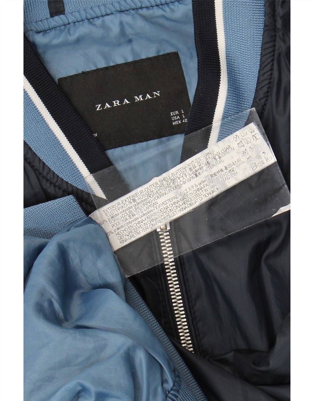 Мужская куртка-бомбер Zara UK 40, большая темно-синяя, полиэстер с цветными блоками