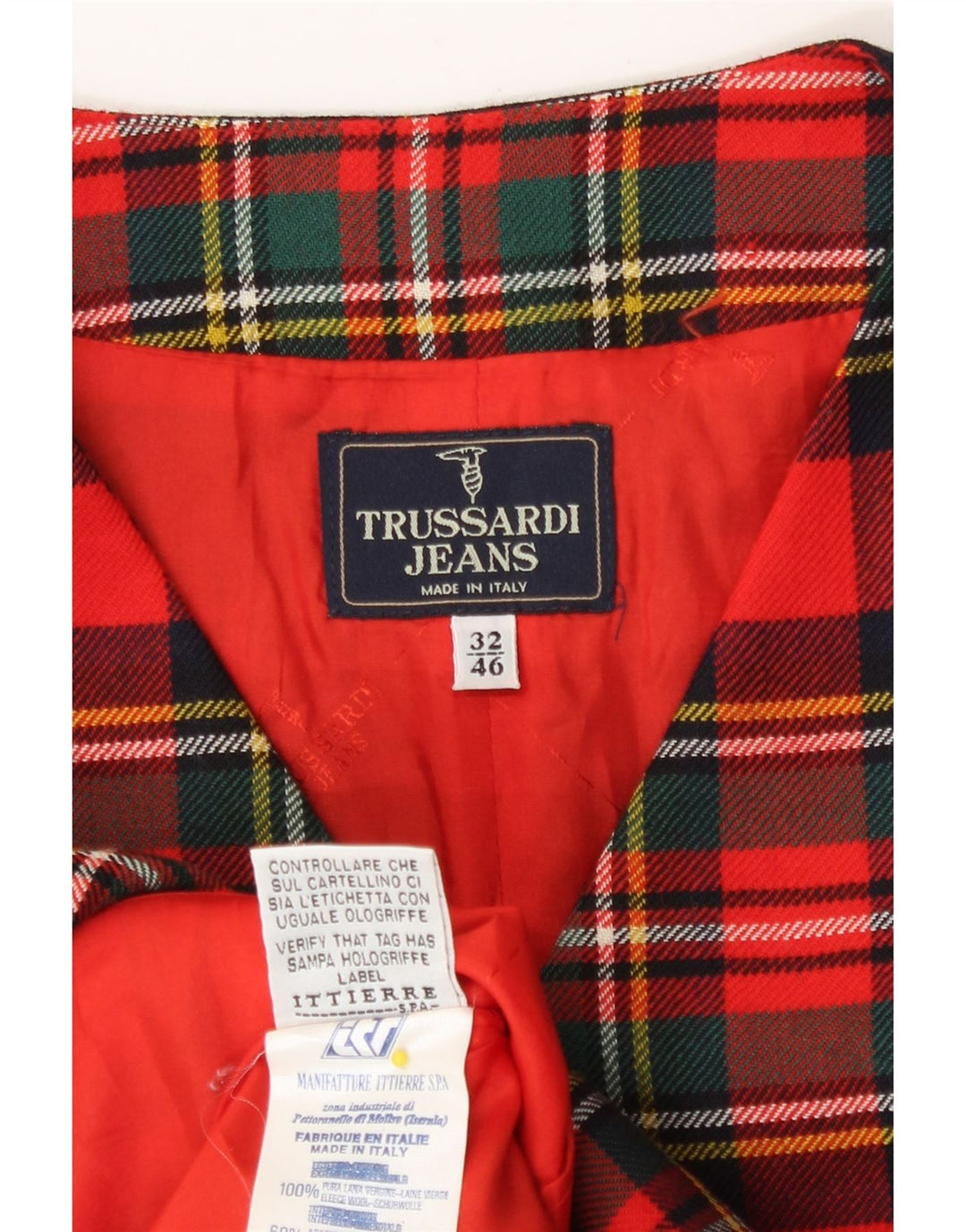 Trussardi Женский удлиненный жилет IT 46, большая красная клетка из натуральной шерсти