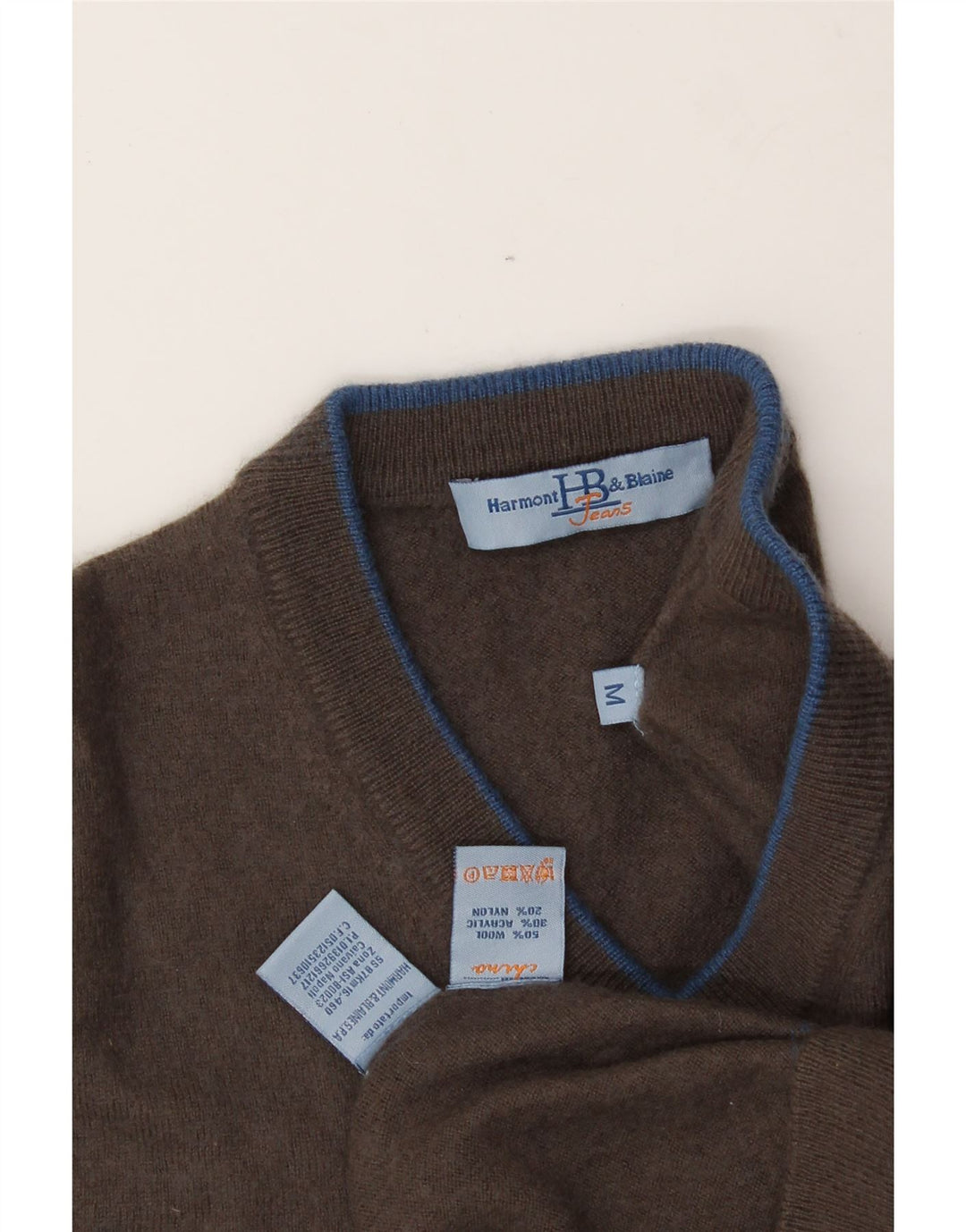 HARMONT & BLAINE Mens V-Neck Jumper Sweater Medium Brown Wool Vintage Harmont & Blaine and Second-Hand Harmont & Blaine from Messina Hembry 