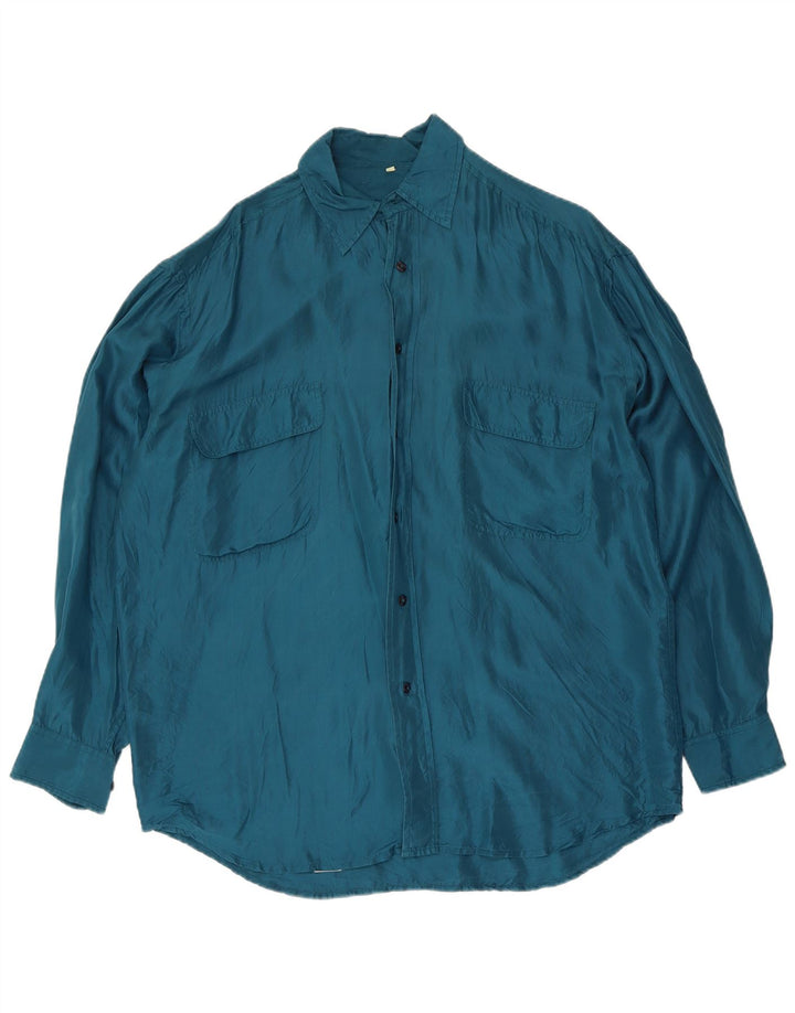 Винтажная мужская рубашка из шелка среднего синего цвета