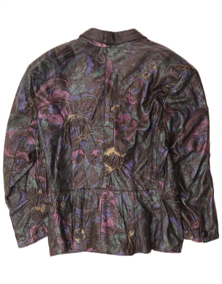 ВИНТАЖНАЯ женская кожаная куртка UK 16, большая черная кожаная с цветочным принтом