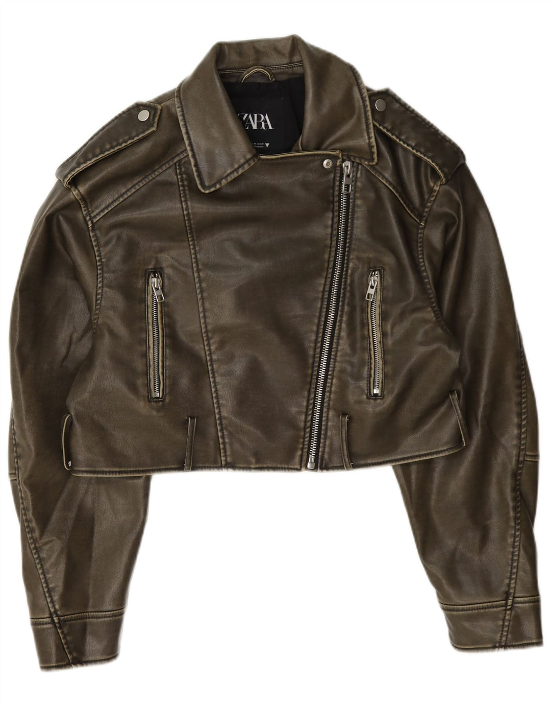 Женская укороченная косуха из искусственной кожи Zara UK 14, средний цвет хаки, полиэстер