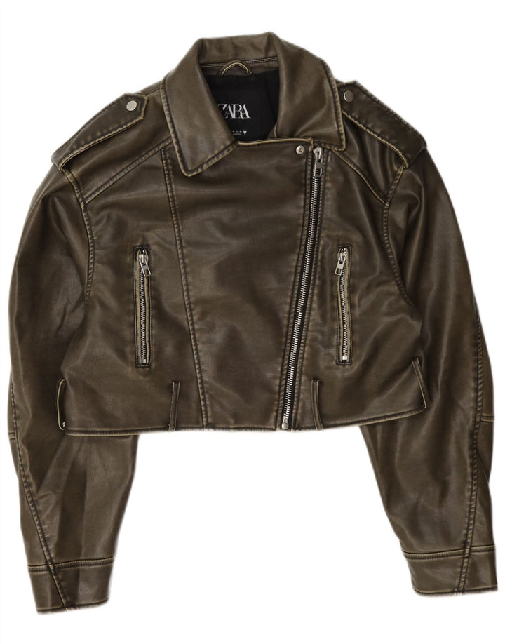 Женская укороченная косуха из искусственной кожи Zara UK 14, средний цвет хаки, полиэстер