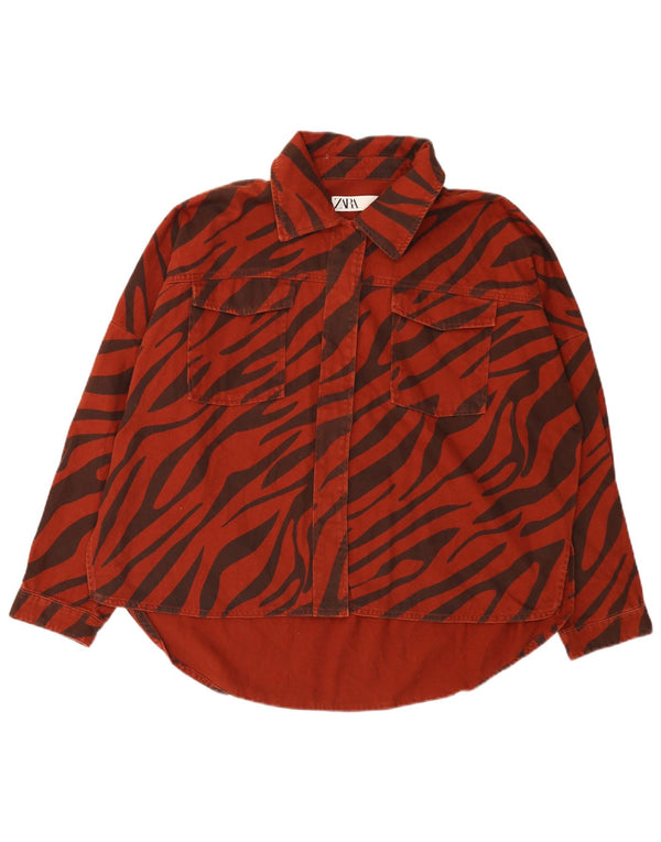 Женская джинсовая рубашка оверсайз Zara UK 14, средний красный с животным принтом