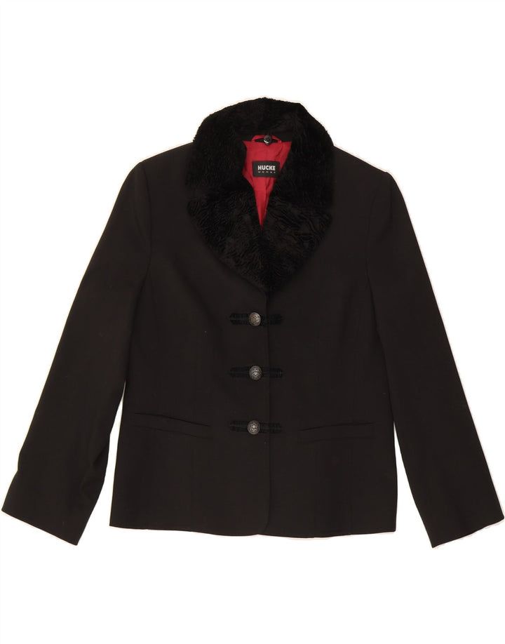 HUCKE Womens 3 Button Blazer Jacket UK 14 Large Black Polyester Vintage Hucke and Second-Hand Hucke from Messina Hembry 