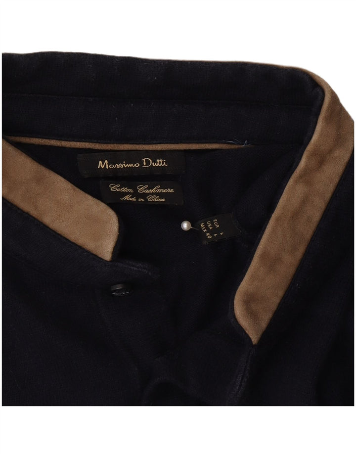 Мужской джемпер с воротником на пуговицах Massimo Dutti, большой темно-синий хлопковый свитер