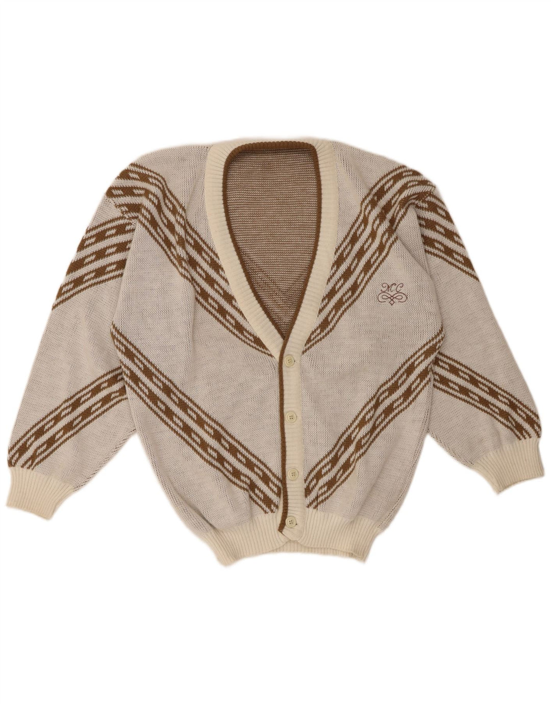 Винтажный мужской свитер-кардиган размера XL, белый акрил с геометрическим узором