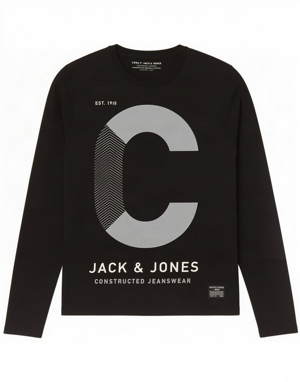 Мужской топ с рисунком Jack & Jones с длинным рукавом, средний черный хлопок