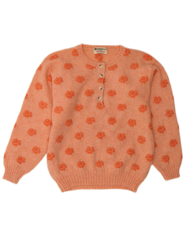 Vintage Womens Button Neck Jumper Sweater UK 16 Large Orange Floral Wool
