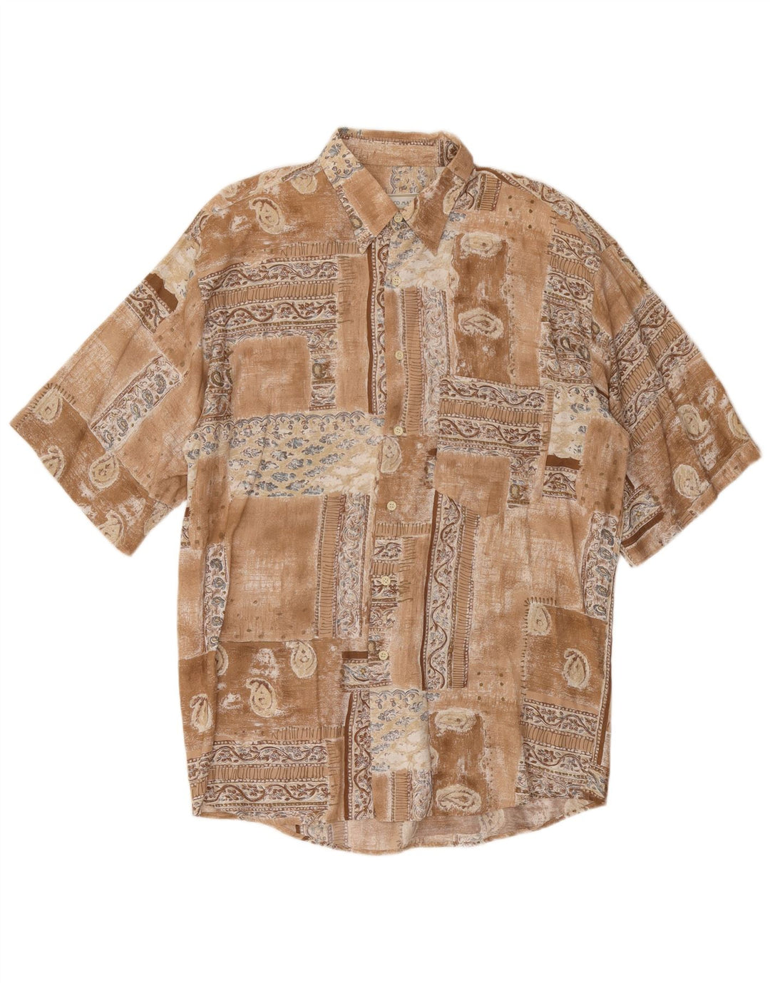 Мужская рубашка с коротким рукавом VINTAGE, большая коричневая в стиле пэчворк