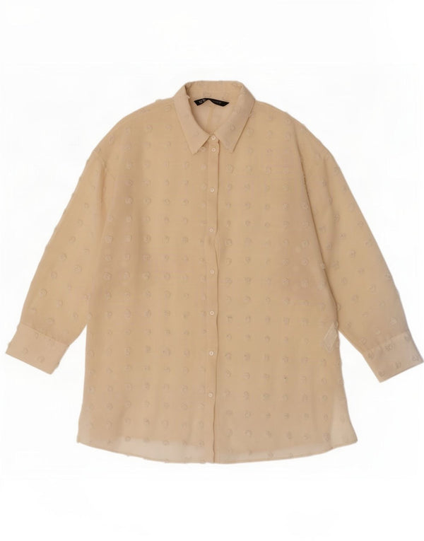 Zara Womens Oversized Longline Shirt Blouse UK 10 Small Beige Spotted
